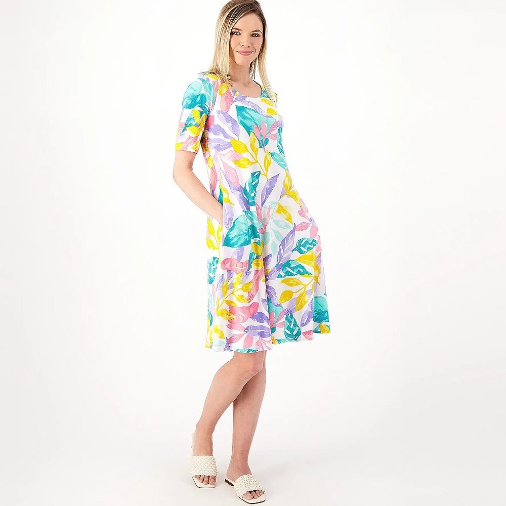 Susan Graver Multi-Tropical Tall Liquid Knit Fit & Flare Dress Size Tall Large